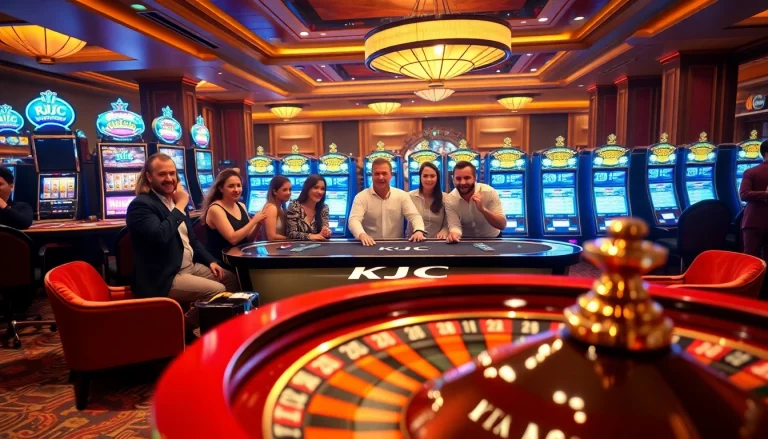 KJC players enjoying a thrilling poker game in a luxurious casino setting.