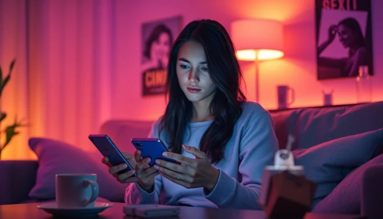 Engaged user exploring ai sexting with an AI chatbot on a smartphone in a cozy home setting.