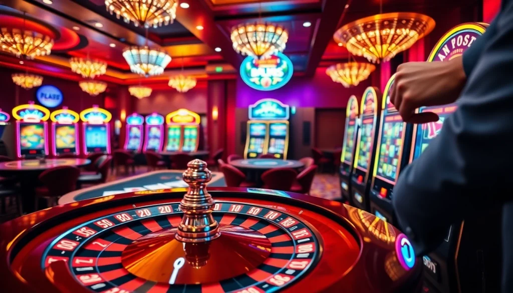 Experience the thrill of vswin in a vibrant casino atmosphere filled with roulette and slot machines.