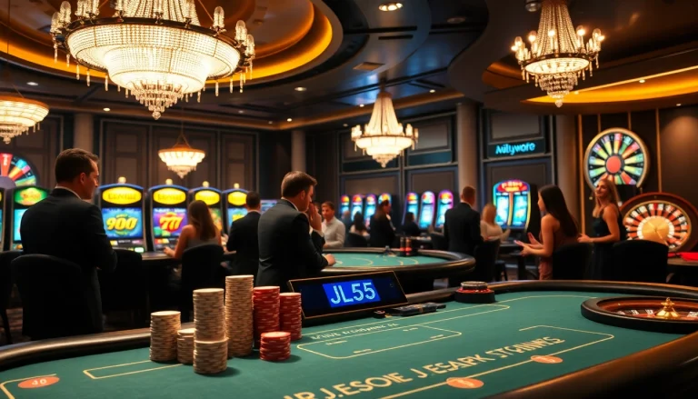 Experience thrilling gaming moments at JL55 casino with lively tables and sparkling lights.