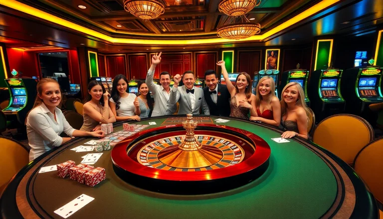 Excited players at a JILI7 gaming table enjoying poker in a vibrant casino atmosphere.