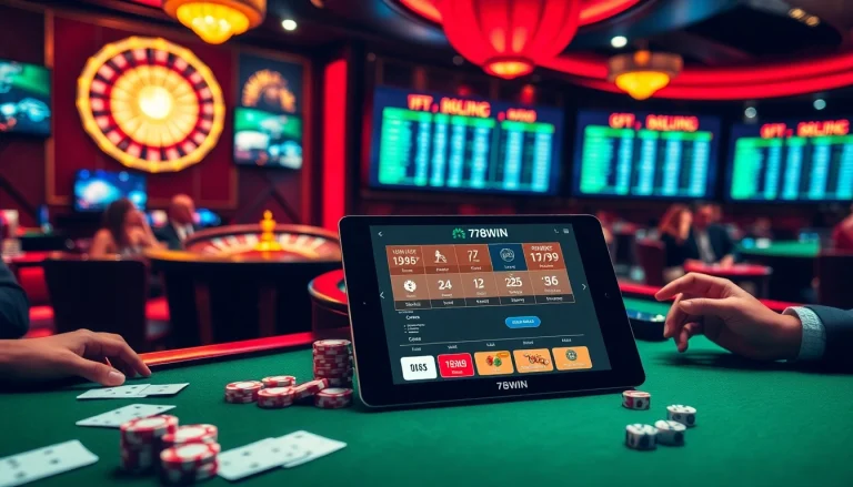 Players enjoying the thrill of gambling at Nhà cái 78WIN with poker chips and roulette.