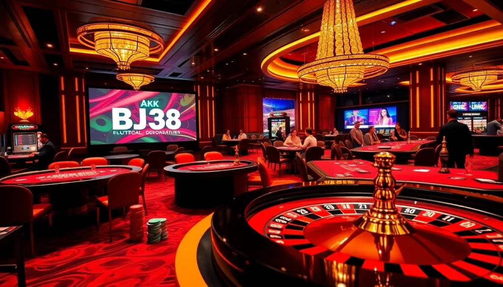 Engage in thrilling gambling at BJ38's luxurious online casino with vibrant poker tables and roulette wheels.
