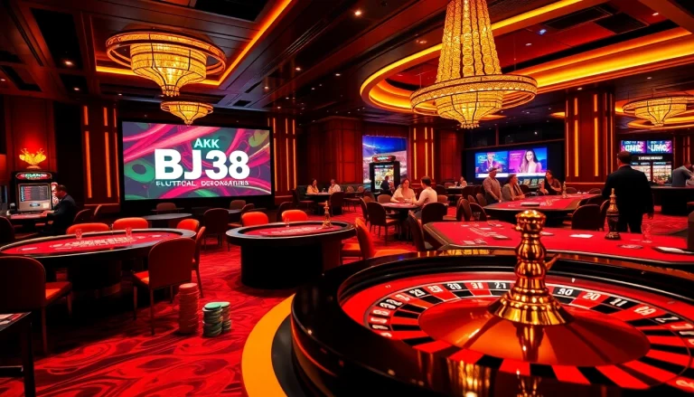Engage in thrilling gambling at BJ38's luxurious online casino with vibrant poker tables and roulette wheels.