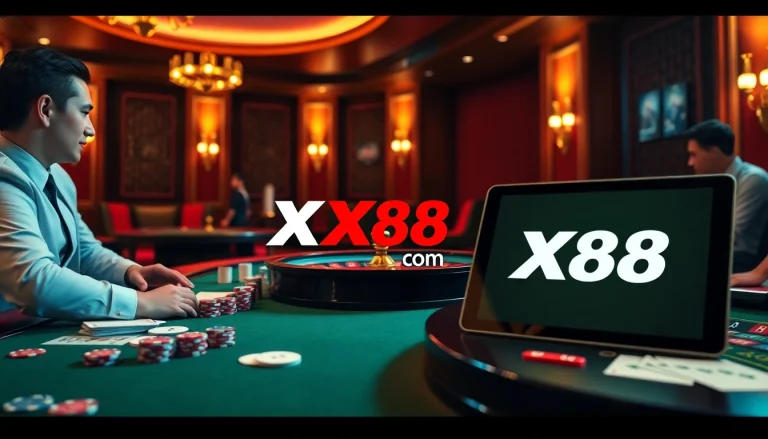 Experience the excitement of X88 com with a luxury casino scene featuring a dealer, poker chips, and cards.