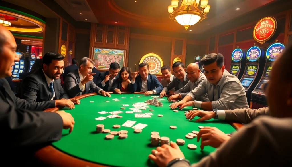 Experience the thrill of game bài đổi thưởng at an upscale casino table with players and chips.