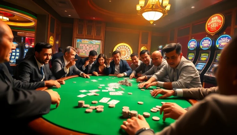 Experience the thrill of game bài đổi thưởng at an upscale casino table with players and chips.