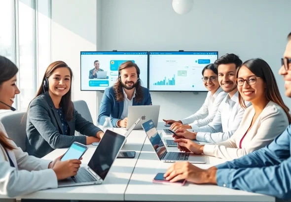 美洽客户支持团队在现代办公室使用先进的AI技术。