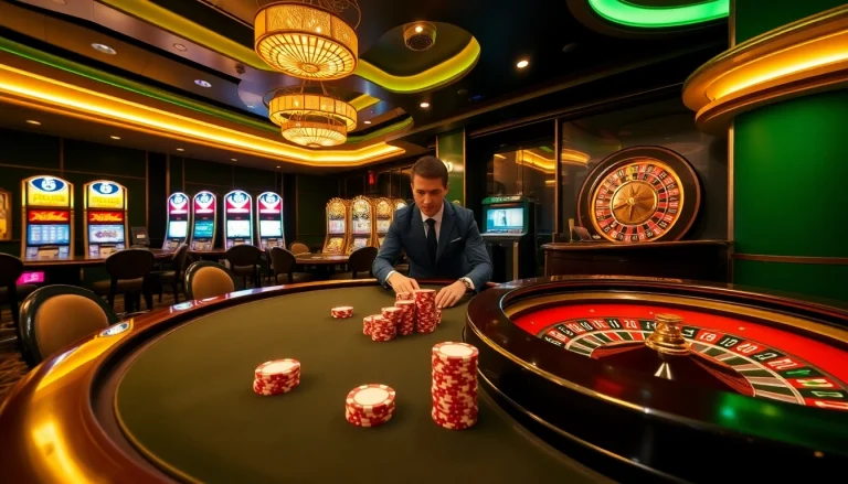 Engaging casino scene showcasing poker action at https://u888u88.com/ with professionals, cards, and illuminated slot machines.