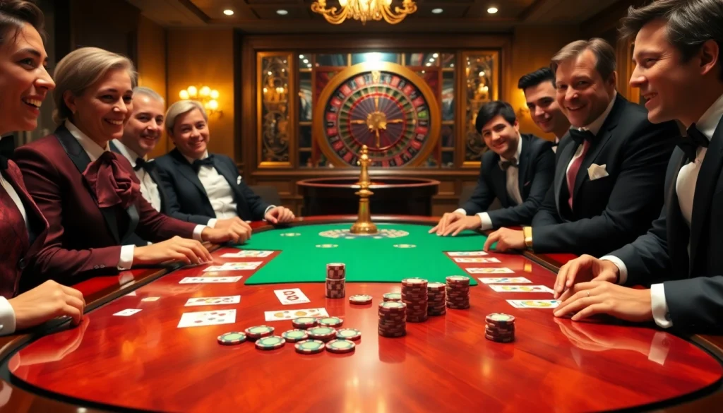 Players engaged at a poker table showcasing strategies and excitement in a BDTK1 themed casino.