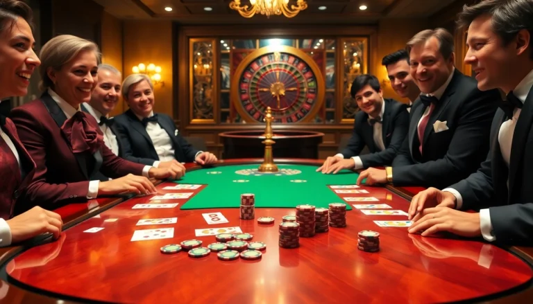 Players engaged at a poker table showcasing strategies and excitement in a BDTK1 themed casino.