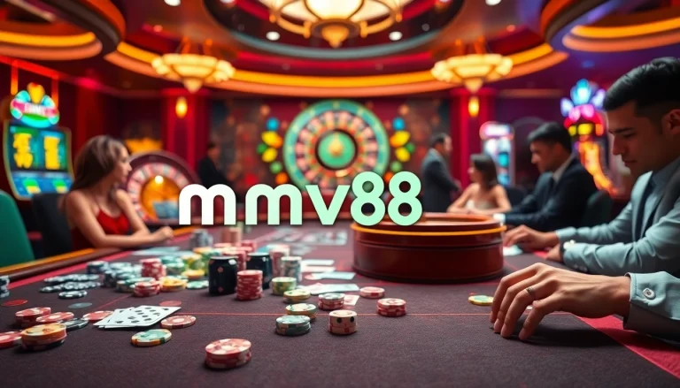 Gamblers enjoying a thrilling game at the MV88 casino table, featuring vibrant poker chips and cards.