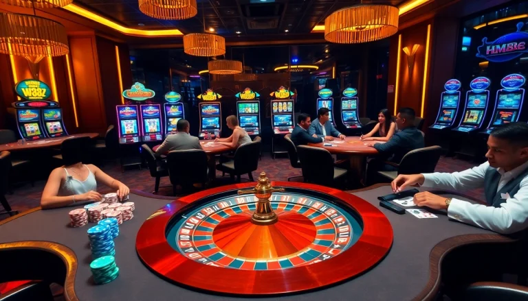 Engaging players at the HM88 casino frantically place bets by colorful poker chips and vibrant slot machines.