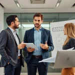 Headhunter Ingenieure empfängt einen Ingenieur in einem modernen Büro.