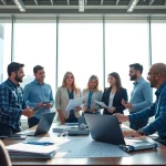 Headhunter Ingenieure in einem modernen Büro, aktiv in einer Teamdiskussion.
