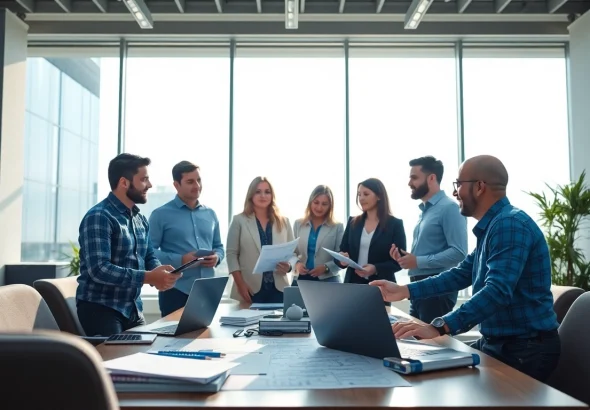 Headhunter Ingenieure in einem modernen Büro, aktiv in einer Teamdiskussion.