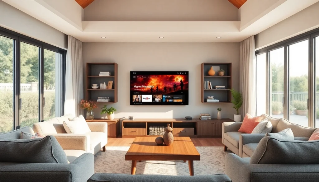 Genießen Sie den IPTV Fernsehdienst auf einem modernen Fernseher in einem einladenden Wohnzimmer mit natürlichem Licht.