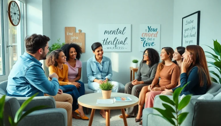 Encouraging mental health awareness in a supportive therapy environment with diverse participants.