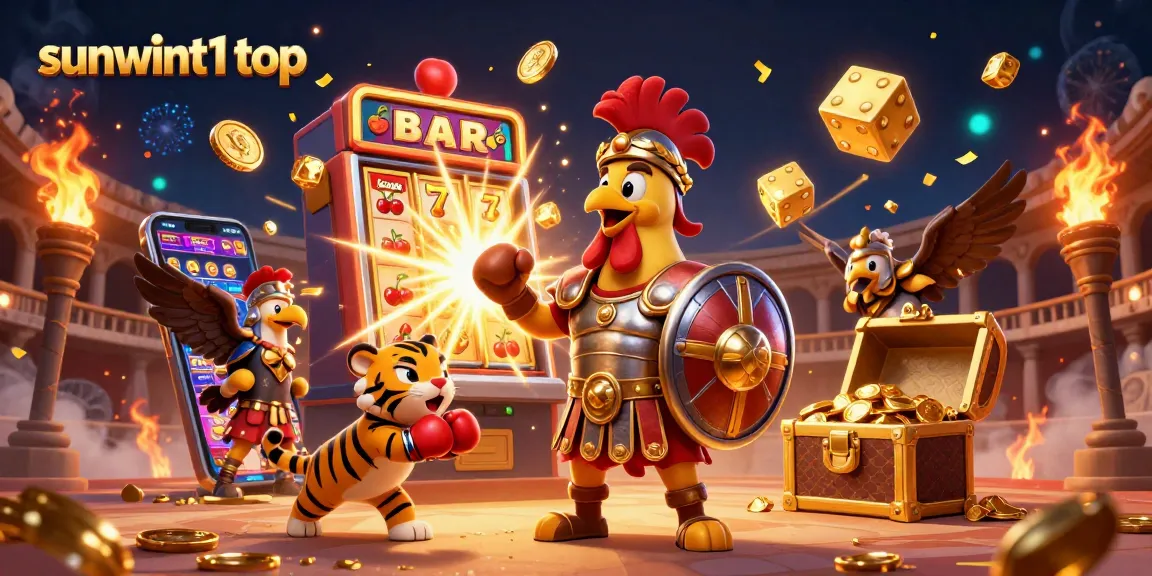 Win big at sunwint1 top with a colorful jackpot explosion featuring a rooster, tiger cub, and casino elements.